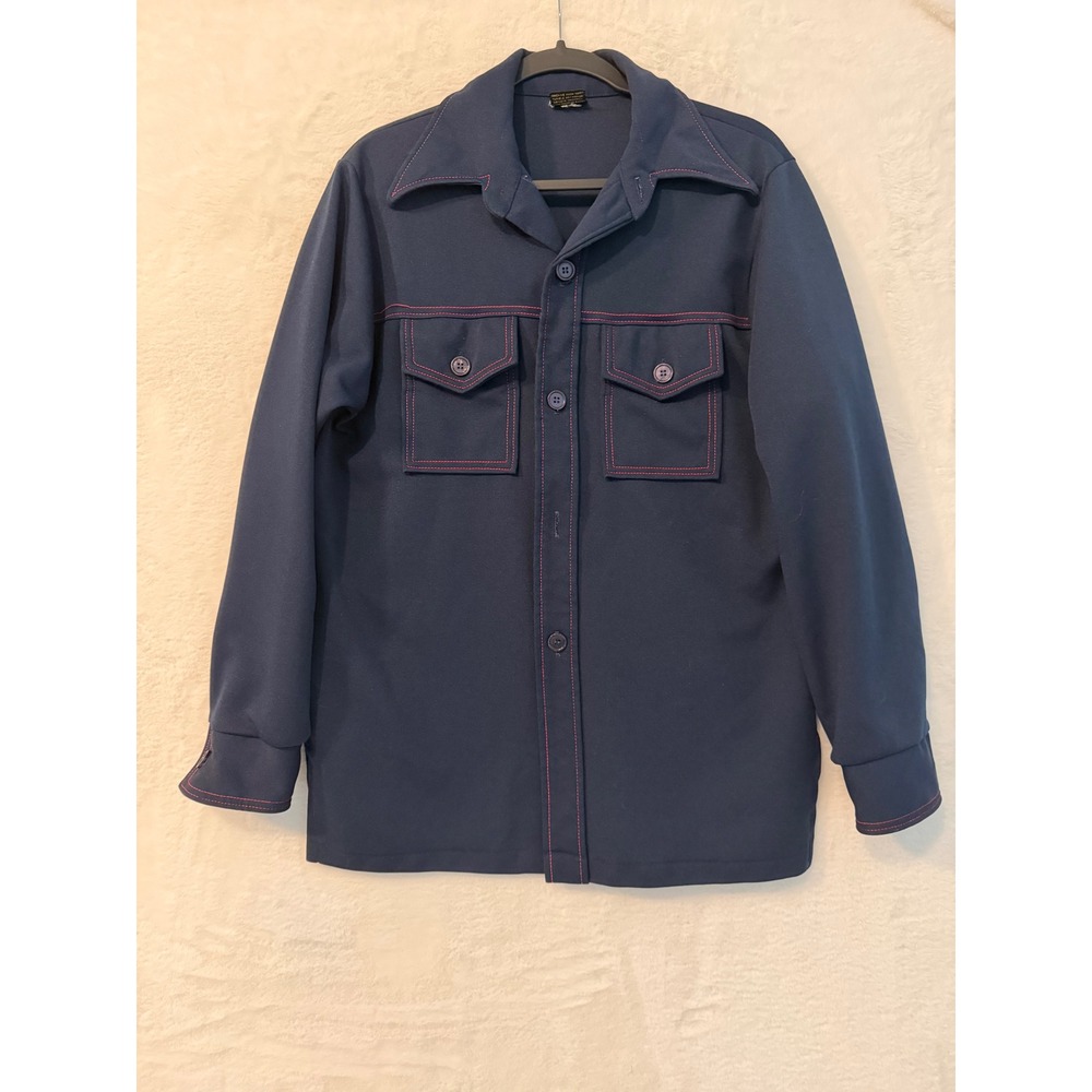 Vintage Big Yank Mens L Navy Blue Polyester Work Shirt Red Contrast Stitch 70s